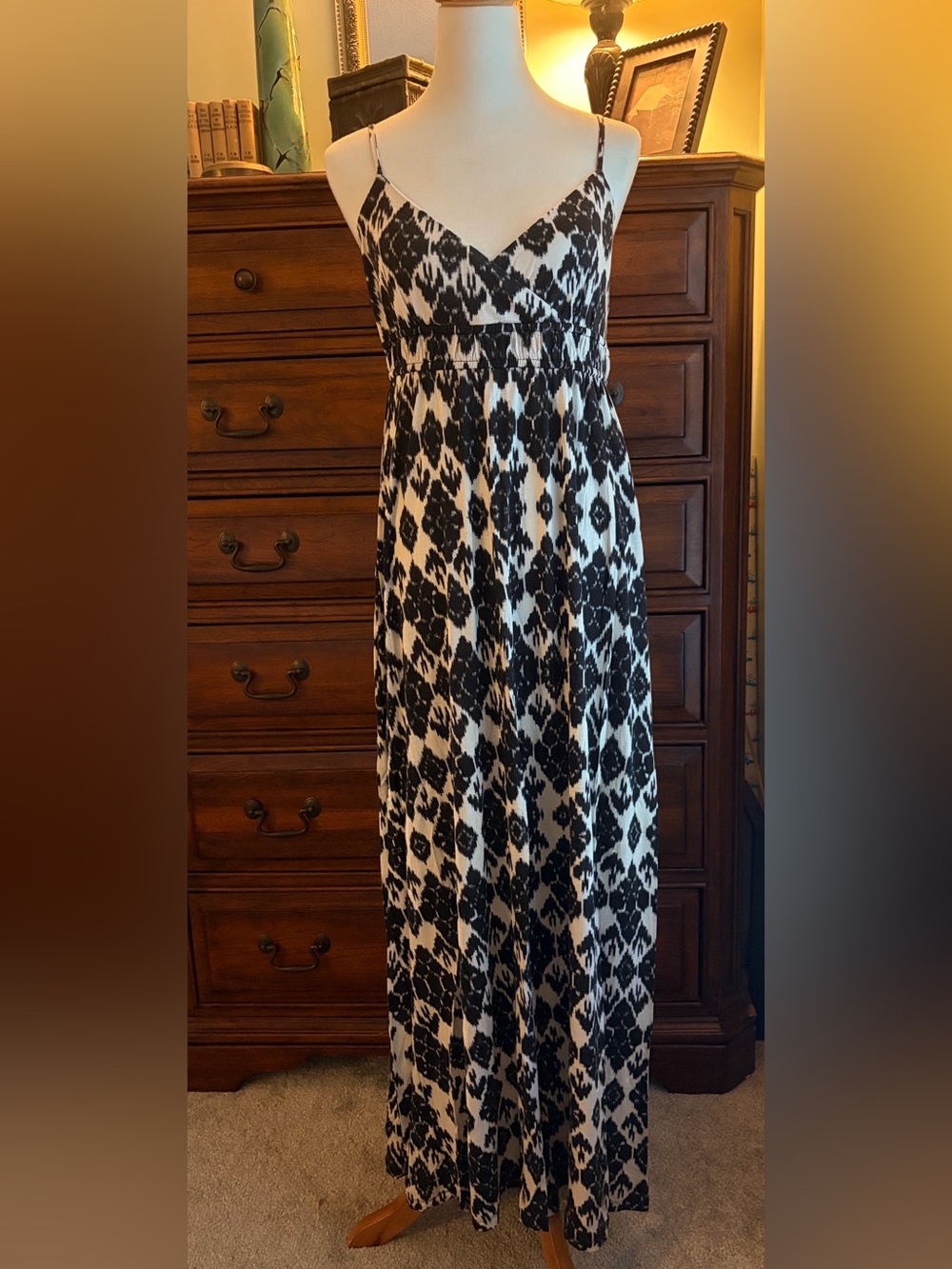 LOFT Black and White Printed Spaghetti-strap Maxi Dress